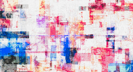 Extra large digital artwork in sand, blue, peach and pink contemporary style. Contemporary art with weathered, worn out rectangles, abstract painting
