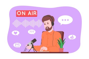 Podcast concept. Podcasting cartoon illustration. Podcaster speaking in microphone and recording audio podcast or online show. Radio presenter broadcasts on the radio. Vector flat illustration.