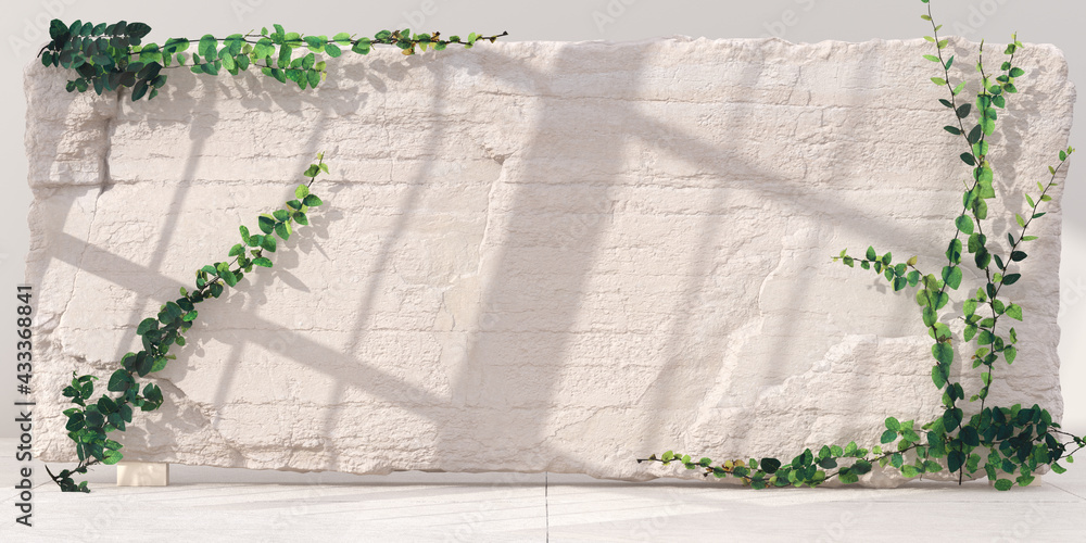 Poster decorative stone wall with light from window and shadows, leaves element 3d rendering minimal interi