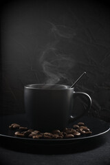 Black cup of hot coffee