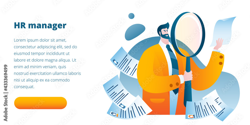 Poster hr manager uses a magnifying glass to view various resumes. vector illustration in flat style. templ