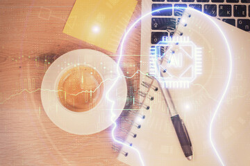 Multi exposure of brain sketch hologram over topview work table background with computer. Concept of big data.