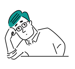頬杖をついて考えるメガネの男性