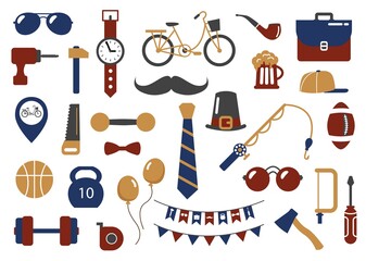 Set of elements for the holiday Father's Day. Flat style. White background, isolate. Vector illustration.