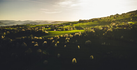 Spring landscape in Slovakia. Polana region, Hrinova. Green spring rural hills landscape, fields, flowering trees, organic farming © Zedspider