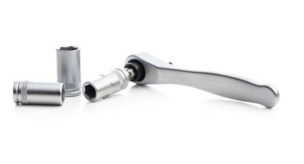 Mini ratchet wrench with set of wrench nuts. Ratchet wrench made from stainless steel.