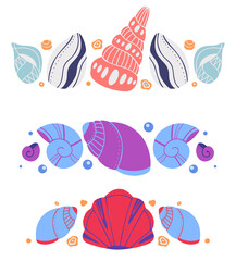 Set of spacers with seashells, sand and bubbles. Vector ocean design element. Hand drawn flat baby marine text delimiters for article, invitation and card. Vector molluscs and shells with decoration