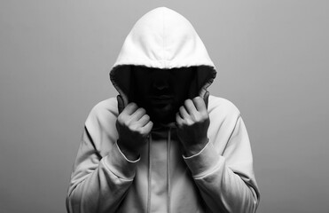 Man in Hood. Boy in a hooded sweatshirt. black and white portrait
