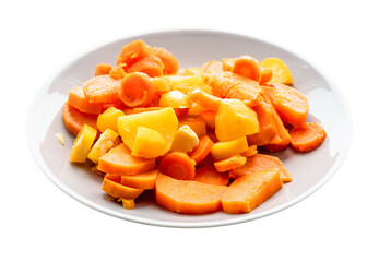 steamed vegetables on gray plate cutout on white