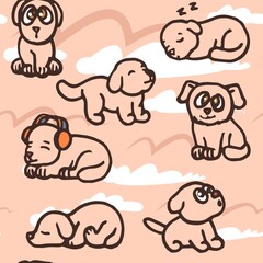 Dogs. Seamless illustration. Cartoon sketch style. Hand outline drawing cheerful funny animal. vector