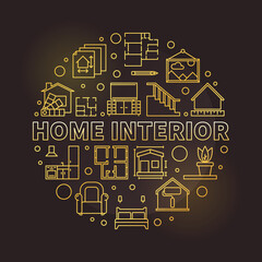 Vector Home Interior round concept golden line illustration