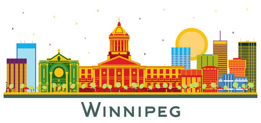 Fototapeta premium Winnipeg Canada City Skyline with Color Buildings Isolated on White.