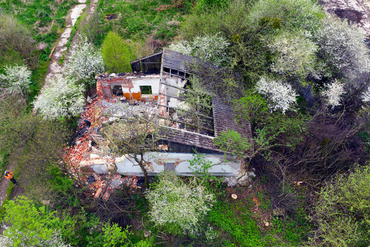aerial filming of an abandoned house in Chernobyl