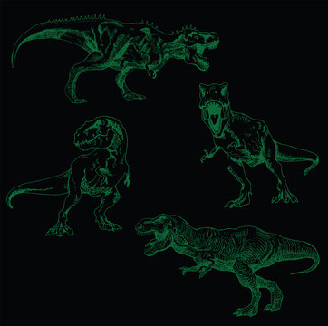 Vector image of a set of dinosaurs in the style of art outline
