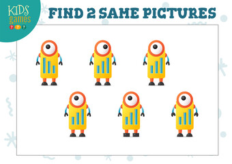 Find two same pictures kids game vector illustration.