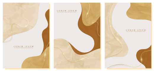 Hand drawn abstract luxury cover design set with golden lines sparkle on yellow pastel background. Minimal trend modern concept. Vector illustration.
