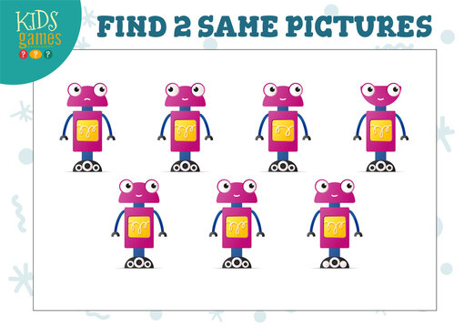 Find two same pictures kids puzzle vector illustration. Activity for preschool children with matching objects and finding 2 identical. Cartoon funny robot game