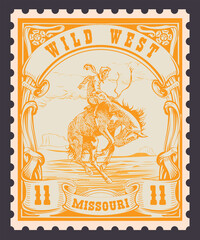 Obraz premium vector image of a cowboy on a horse in the form of a postage stamp printing on paper for t-shirt 