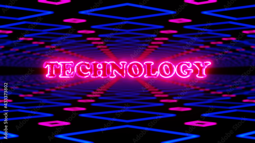 Poster 3d illustration graphics of the glowing text technology moving between the triangular shape neon lig