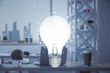 Double exposure of bulb and office interior background. Concept of idea.