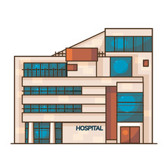 Modern building of hospital. Modern cartoon illustration with building hospital contour for web design. Contour symbol. Medical treatment. Vector icon. Linear design. Flat icon on white background. 