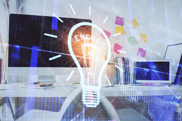 Double exposure of bulb and office interior background. Concept of idea.