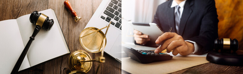 Fototapeta premium Business and lawyers discussing contract papers with brass scale on desk in office. Law, legal services, advice, justice and law concept picture with film grain effect