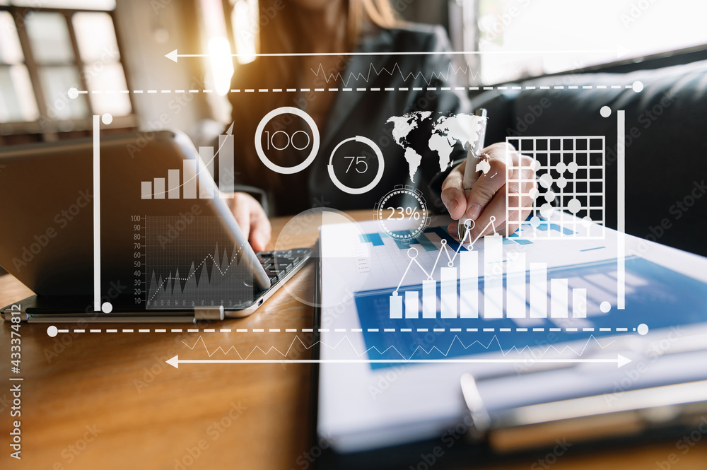 Poster data management system with business analytics concept. business team hands working with provide inf