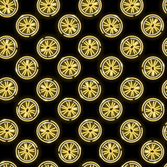 Neon lemon slices seamless pattern with fruits icons on a black background. Summer, lemonade, sour, freshness concept. Vector illustration 10 EPS.