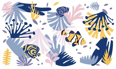 corals and fish for prints and room walls. illustration of shellfish and sea fish. Fish shell pattern for fabric.