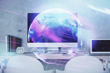 Double exposure of tech theme drawings and office interior background. Technology concept.