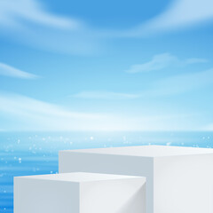 White podium display with palm tree for product presentation, summer beach with blue sea and sky background.