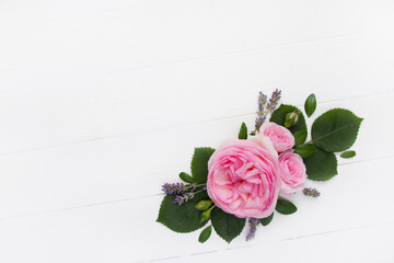 Layout with  pink rose flowers on white  background, empty space for text.Mock up for Wedding, Mother's day, Women's day, 8 march, Valentine's day, Birthday.