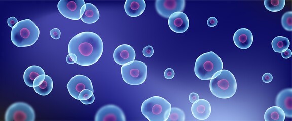 Transparent blue cell stem science background. Biology research dna nucleus cells. Microscopic molecular vector pattern. © Marina