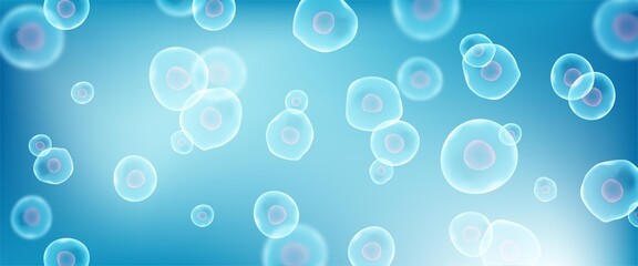 Transparent blue cell stem science background. Biology research dna nucleus cells. Microscopic molecular vector pattern. © Marina
