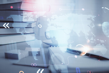 Double exposure of map drawing and desktop with coffee and items on table background. Concept of global data.