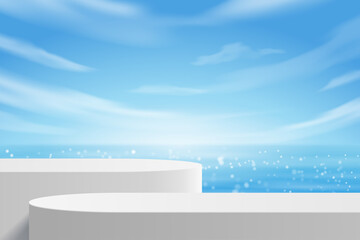 Empty modern white color table for pedestal product display, summer beach with blue sea and sky banner background.