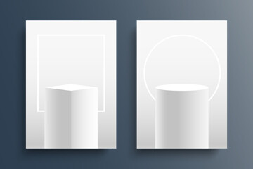 Round and square empty podium, pedestal or platform. Gallery geometric blank product stands. Template for design, presentation, advertisement. Vector illustration.