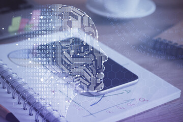 Double exposure of brain theme drawing and cell phone background. Concept of information