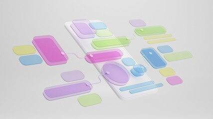 UX UI flowchart connection node graphic designer creative planning application process development data prototype wireframe for web mobile icon phone . User experience concept. 3d rendering.