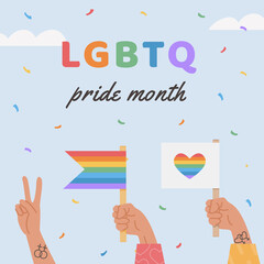 Vector Square Banner with LGBTQ symbols. Social media post, stories with people hands holding flags and placards. Poster with LGBT rainbow flag. Flat style Illustration for pride month.