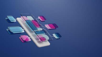 UX UI flowchart connection node graphic designer creative planning application process development data prototype wireframe for web mobile icon phone . User experience concept. 3d rendering.