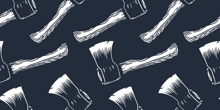 Axe of lumberjack and axeman. Hatchet or sharp ax for woodworker and logger. Chop tool for print design. Seamless pattern
