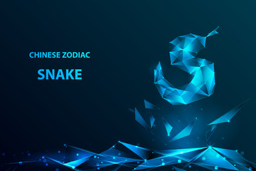 Abstract Digital Futuristic Chinese Zodiac Crystal Snake with Triangle Polygons as the Ground on Glowing Dark Blue Background Illustration Vector Template Design Concept