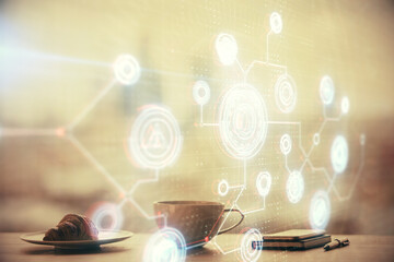 Double exposure of Ai data theme drawing over coffee cup background in office.