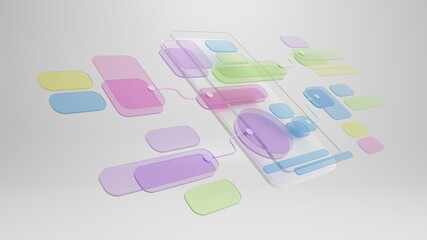 UX UI flowchart connection node graphic designer creative planning application process development data prototype wireframe for web mobile icon phone . User experience concept. 3d rendering.