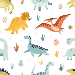 Cute dino seamless pattern. HAnd drawn vector illustration for nursery design.