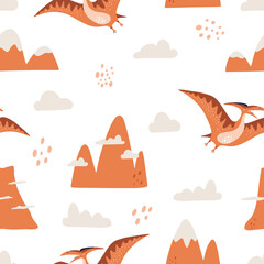 Seamless pattern with dinosaur pterodactyl, mountains and cloud. HAnd drawn vector illustration for baby textile or packaging © MariaNechaeva