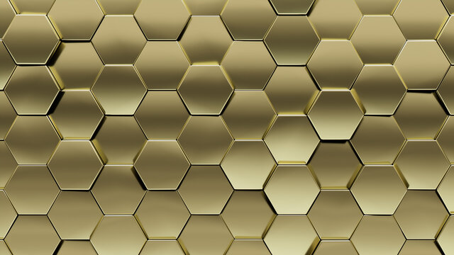 Luxurious Tiles arranged to create a Gold wall. Hexagonal, 3D Background formed from Glossy blocks. 3D Render