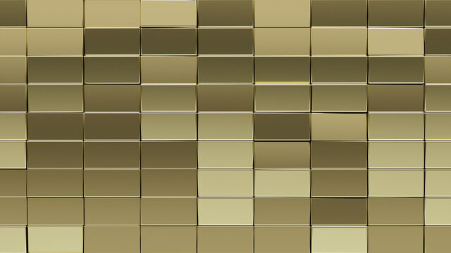3D Tiles arranged to create a Glossy wall. Rectangle, Luxurious Background formed from Gold blocks. 3D Render